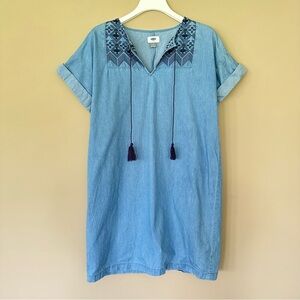 Boho Tunic Dress Embroidered Denim Hippie Blue Old Navy Women’s M Casual Comfy
